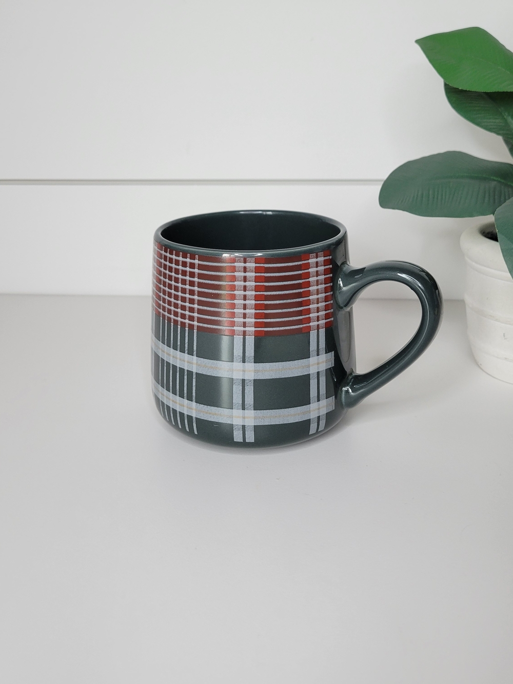 Hearth & Hand Dark Green Plaid Ceramic Coffee Mug with Burgundy Accent